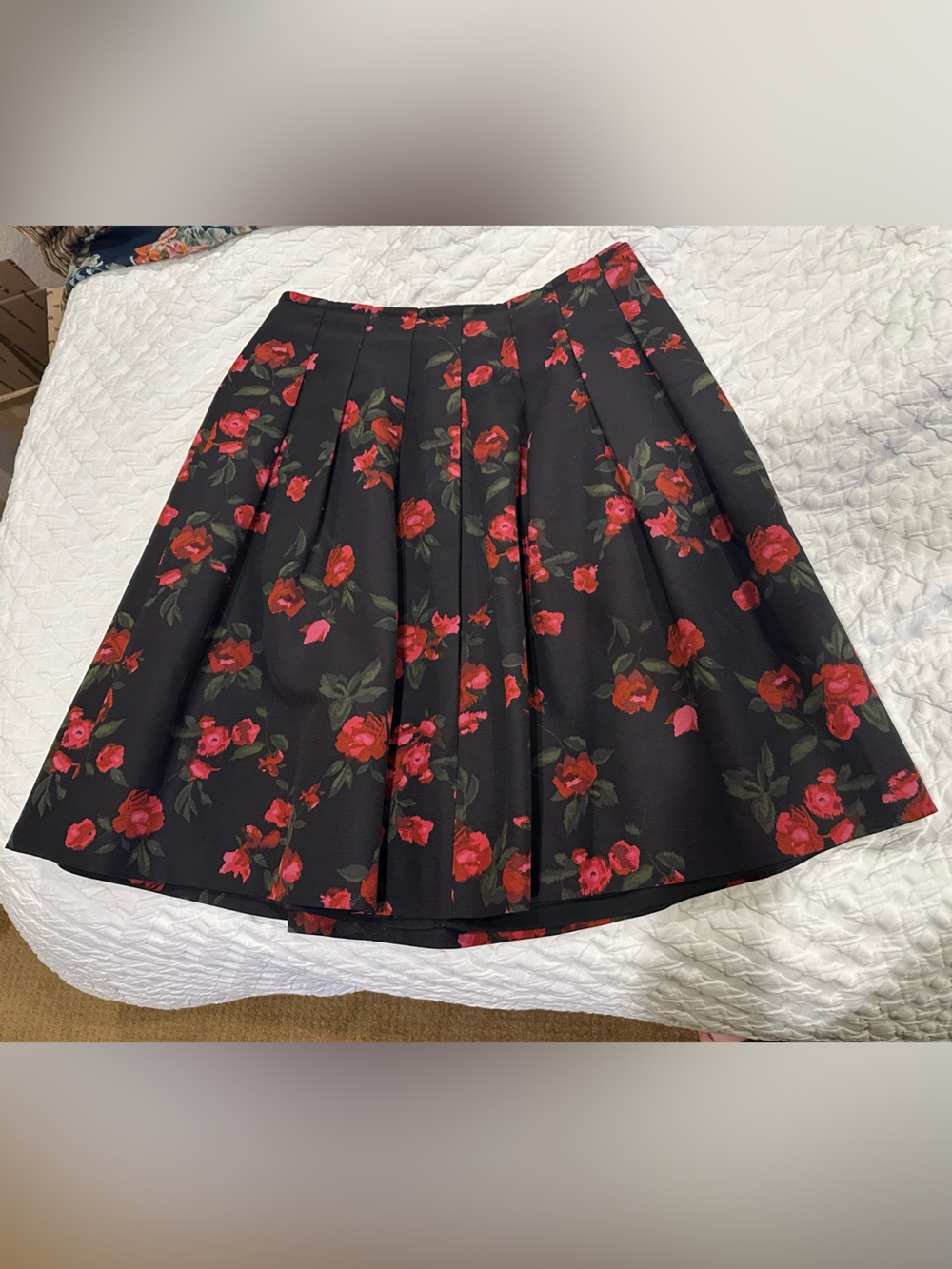 Talbots Black Pleated Skirt with Red Rose Floral Print